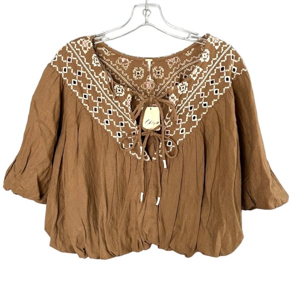 Free People Tops - Free People Joni Embroidered Top Linen Blend Brown Boho Festival NEW Size Medium